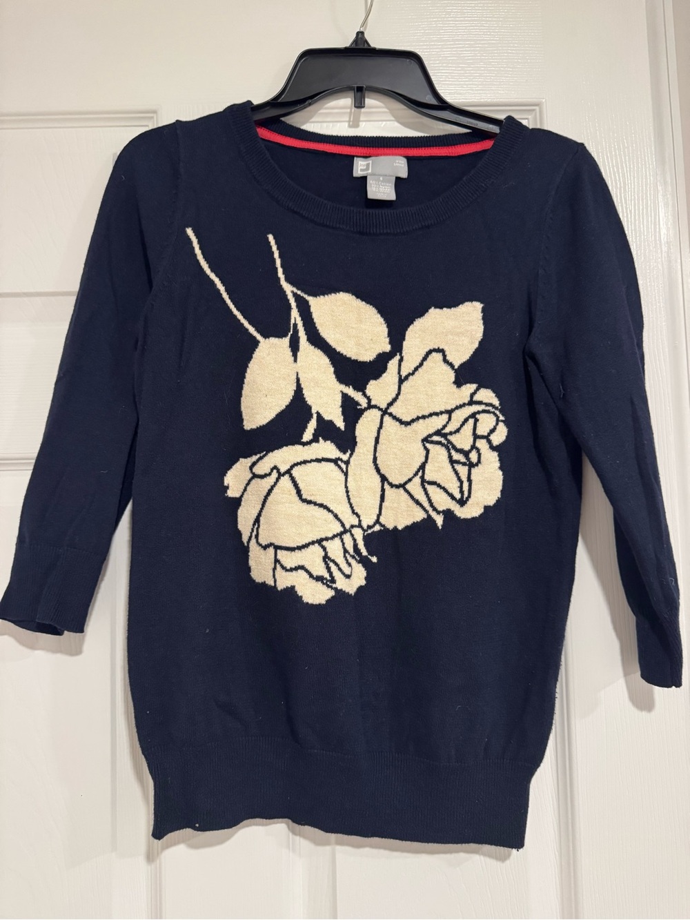 jcpenney Navy Crewneck Sweater with Cream Floral Rose Design